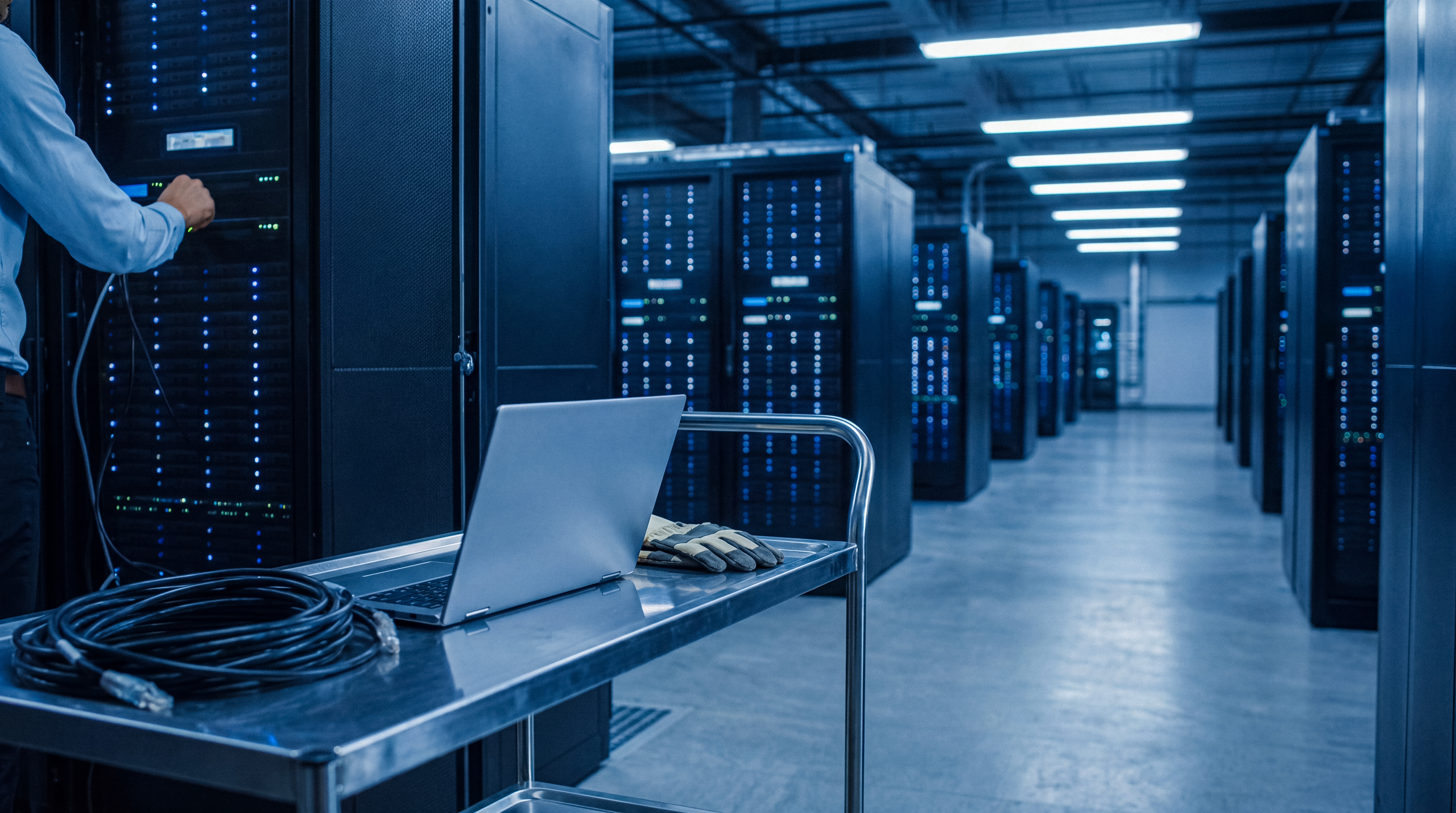 Technician working in a data center aisle with server racks, a laptop, cables, and gloves on a metal cart.